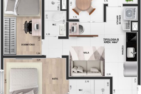 Edifício Emanuele Residences - Planta Tipologia B - 44m²